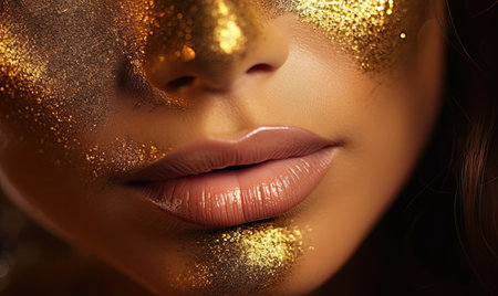 Golden Glamor: A Close-Up of a Woman's Face with Shimmering Gold Lipstickの素材