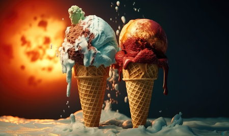 A Refreshing Treat in the Serene Waters: An Ice Cream Cone Floating in the Middle of a Body of Waterの素材