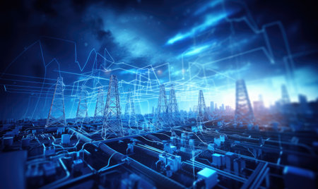 A futuristic city with lots of wires and towersの素材