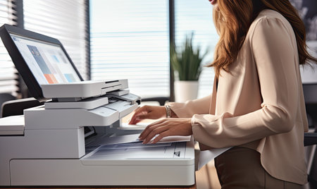 A woman is typing on a printer in an officeの素材