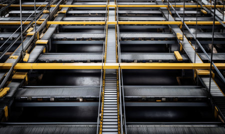A large warehouse filled with lots of metal racksの素材