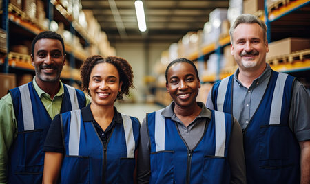 A group of people standing next to each other in a warehouseの素材