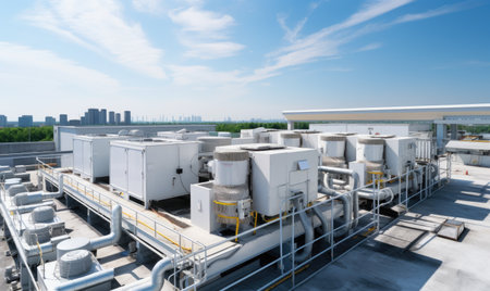 A large group of air conditioners sitting on top of a roofの素材