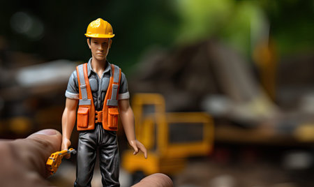 A hand holding a toy figure of a construction workerの素材