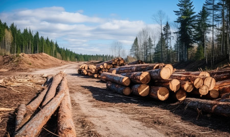 A large pile of logs sitting on top of a dirt roadの素材