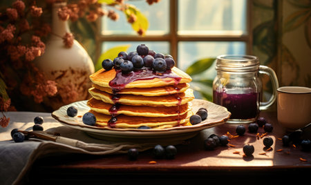 A stack of pancakes topped with blueberries and syrupの素材