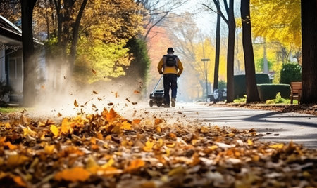 A man riding a bike down a leaf covered streetの素材