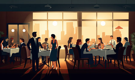 A group of people sitting at a table in a restaurantの素材