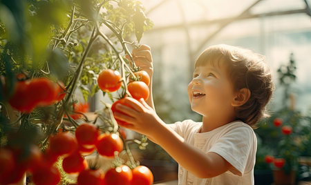 A young child picking tomatoes from a plant in a greenhouseの素材