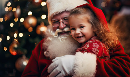 A little girl hugging santa claus in front of a christmas treeの素材