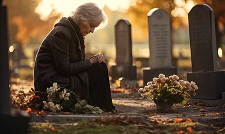 A woman sitting on a grave surrounded by flowersの素材