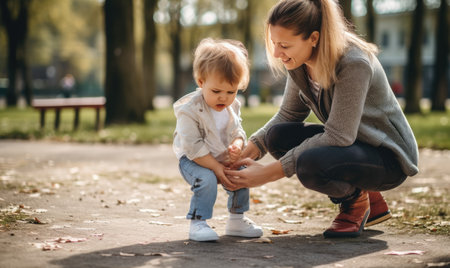 A woman kneeling down next to a small childの素材