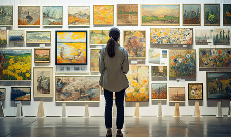 A woman standing in front of a wall of paintingsの素材
