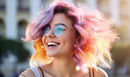 A woman with pink hair and sunglasses smilingの素材