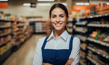 A woman standing in a store aisle with her arms crossedの素材