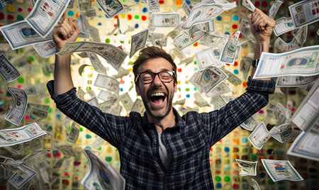 A man with glasses and a beard is surrounded by moneyの素材