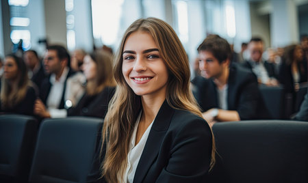 A woman sitting at a table in front of a group of peopleの素材