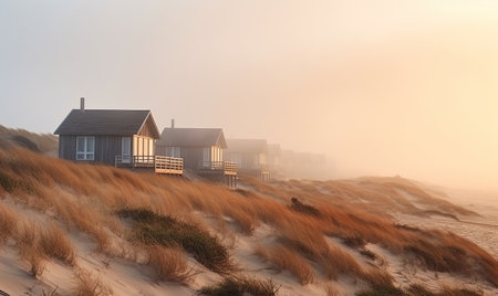 A row of houses on a sandy beachの素材