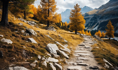 A path in the middle of a mountain with yellow treesの素材