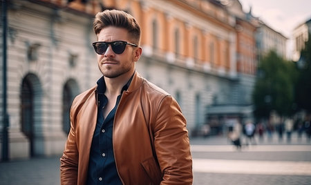 The Stylish Man in a Red Coat and Sunglasses Poses in Front of an Iconic Buildingの素材