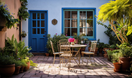 A Serene Outdoor Retreat with a Charming Patio, Cozy Table and Chairs, and Lush Potted Plantsの素材