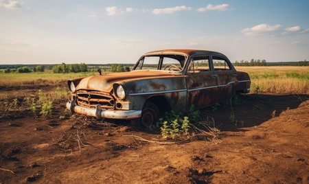An old rusted car sitting in a fieldの素材