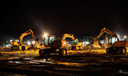 A group of construction equipment sitting in a fieldの素材