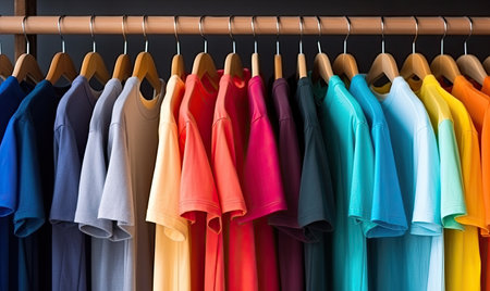 A rack of colorful shirts hanging on a railの素材