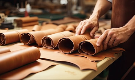 A man working on a piece of leatherの素材