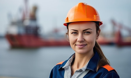 A woman wearing an orange hard hatの素材