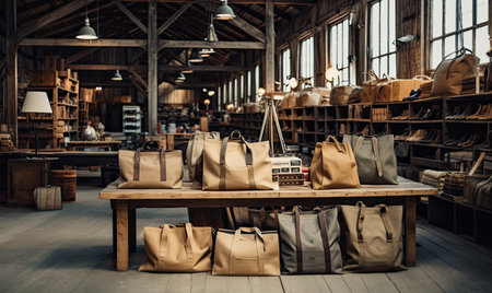 A room filled with lots of bags on top of a wooden tableの素材