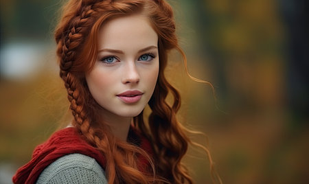 A woman with red hair and blue eyesの素材