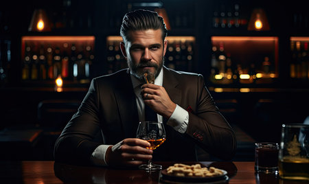 The Contemplative Smoker: A Man Deep in Thought at a Table, Enjoying a Cigaretteの素材