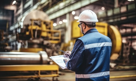 A man in a hard hat is looking at a piece of paperの素材