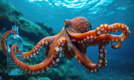 An octopus is holding a bottle in its mouthの素材