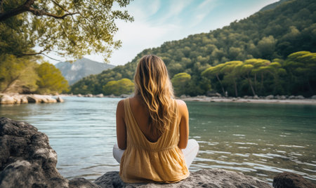 Serenity at the Shimmering Waters: A Woman Contemplating the Tranquil Beauty of a Scenic Lake Viewの素材