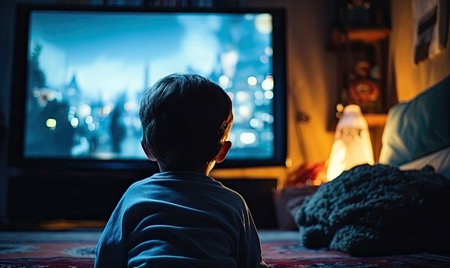 A little boy sitting on the floor watching tvの素材
