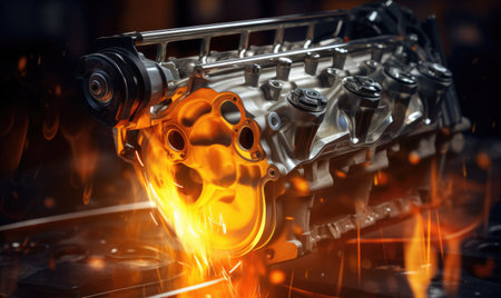 A close up of a car engine on fireの素材