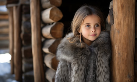 A young girl wearing a fur coat standing next to a pile of logsの素材