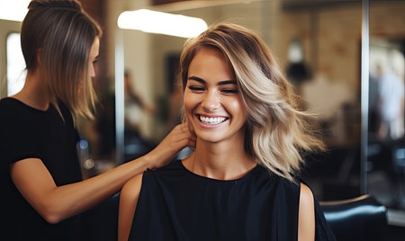 A woman getting her hair styled by a hair stylistの素材