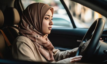 A woman driving a car wearing a headscarfの素材