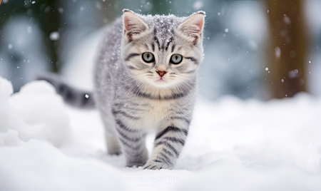 A gray and white cat walking through the snowの素材