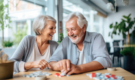 An older couple playing a game of puzzlesの素材