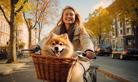 A woman riding a bike with a dog in the basketの素材