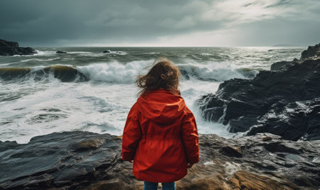 A person standing on a rocky beach looking at the oceanの素材