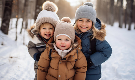 A couple of kids that are standing in the snowの素材
