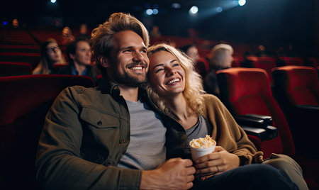 A man and a woman sitting in a movie theaterの素材
