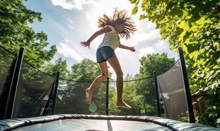 A girl jumping on a trampoline in a parkの素材