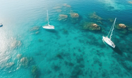 A couple of boats floating on top of a body of waterの素材