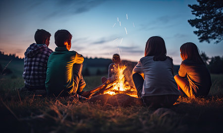 A group of people sitting around a campfireの素材